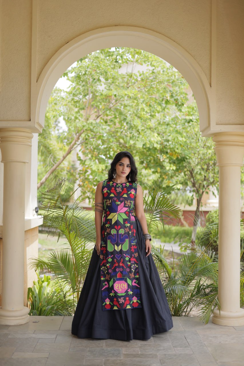 Ekta Black Cora Cotton Gamthi Embroidered Lehenga Choli
