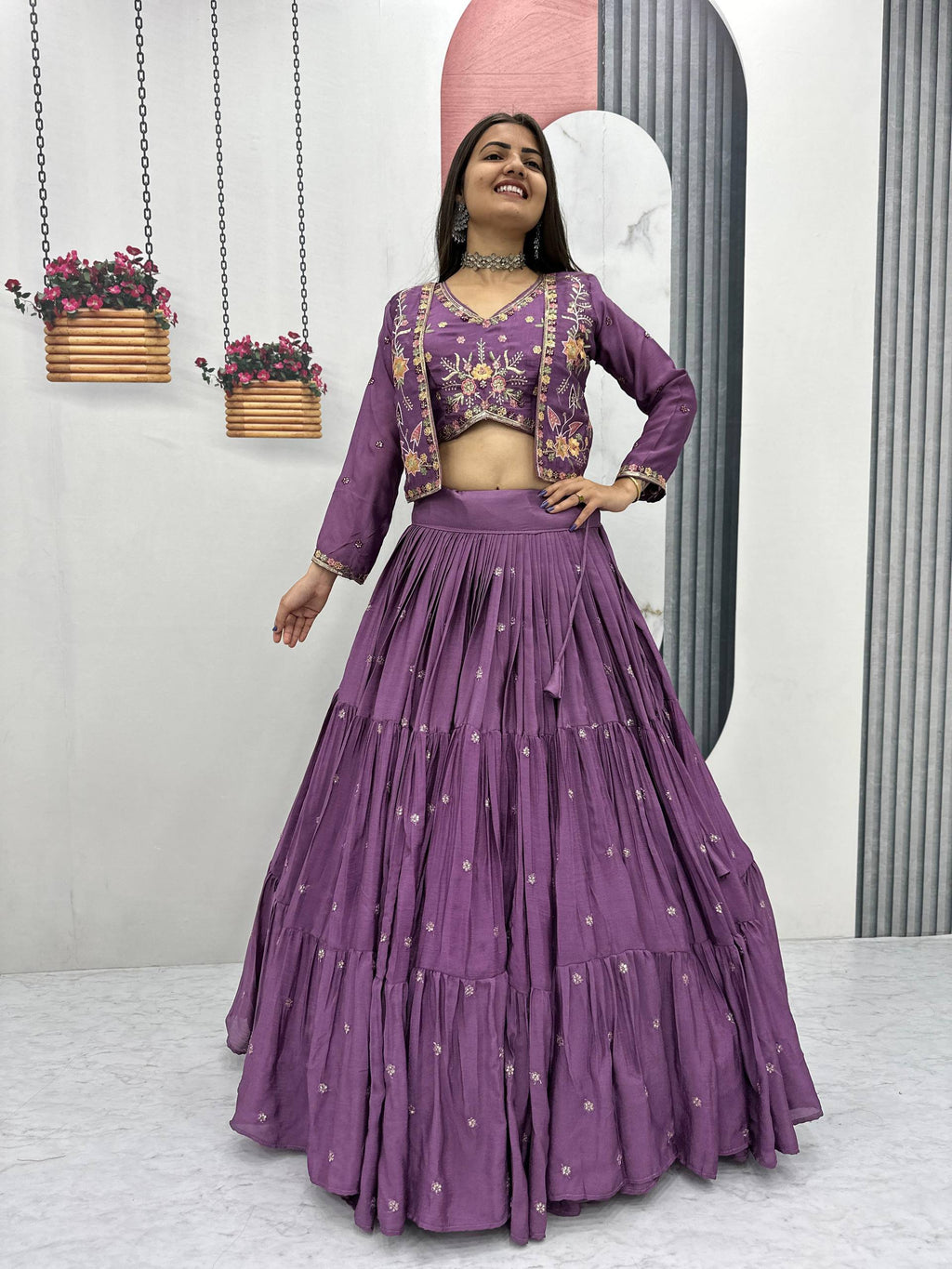 Purple chinon embroidered crop top lehenga with designer jacket