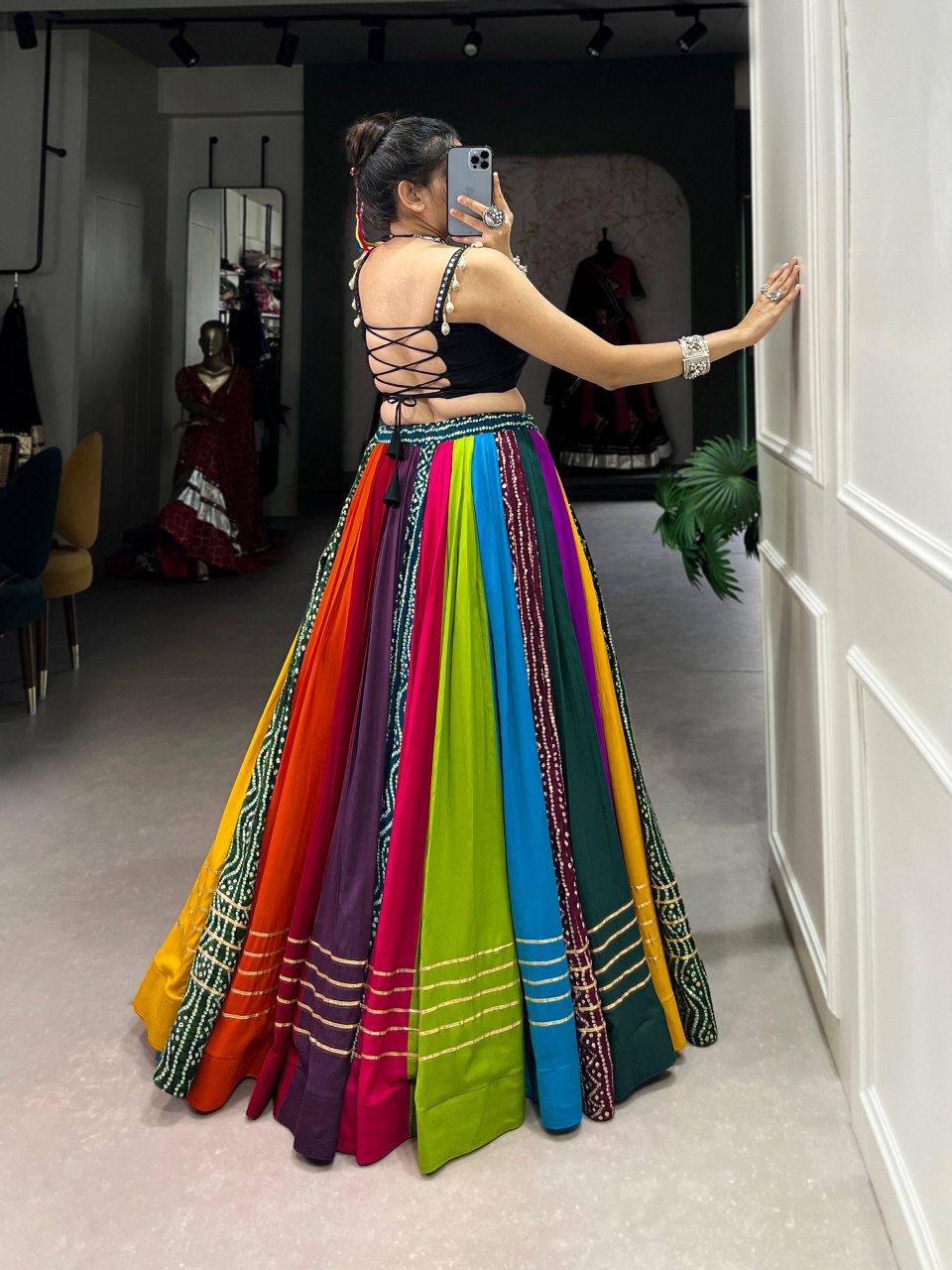 Multicolour Pure Rayon Printed Gota Patti and Mirror Lace Work Lehenga