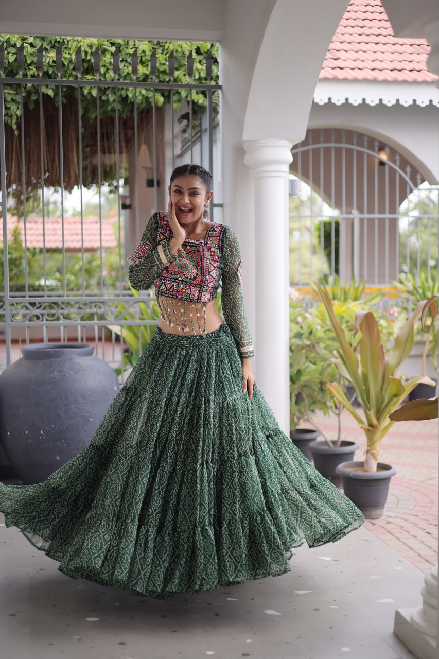 Anjali Green Faux Georgette Bandhani Kutchi Patchework Lehenga