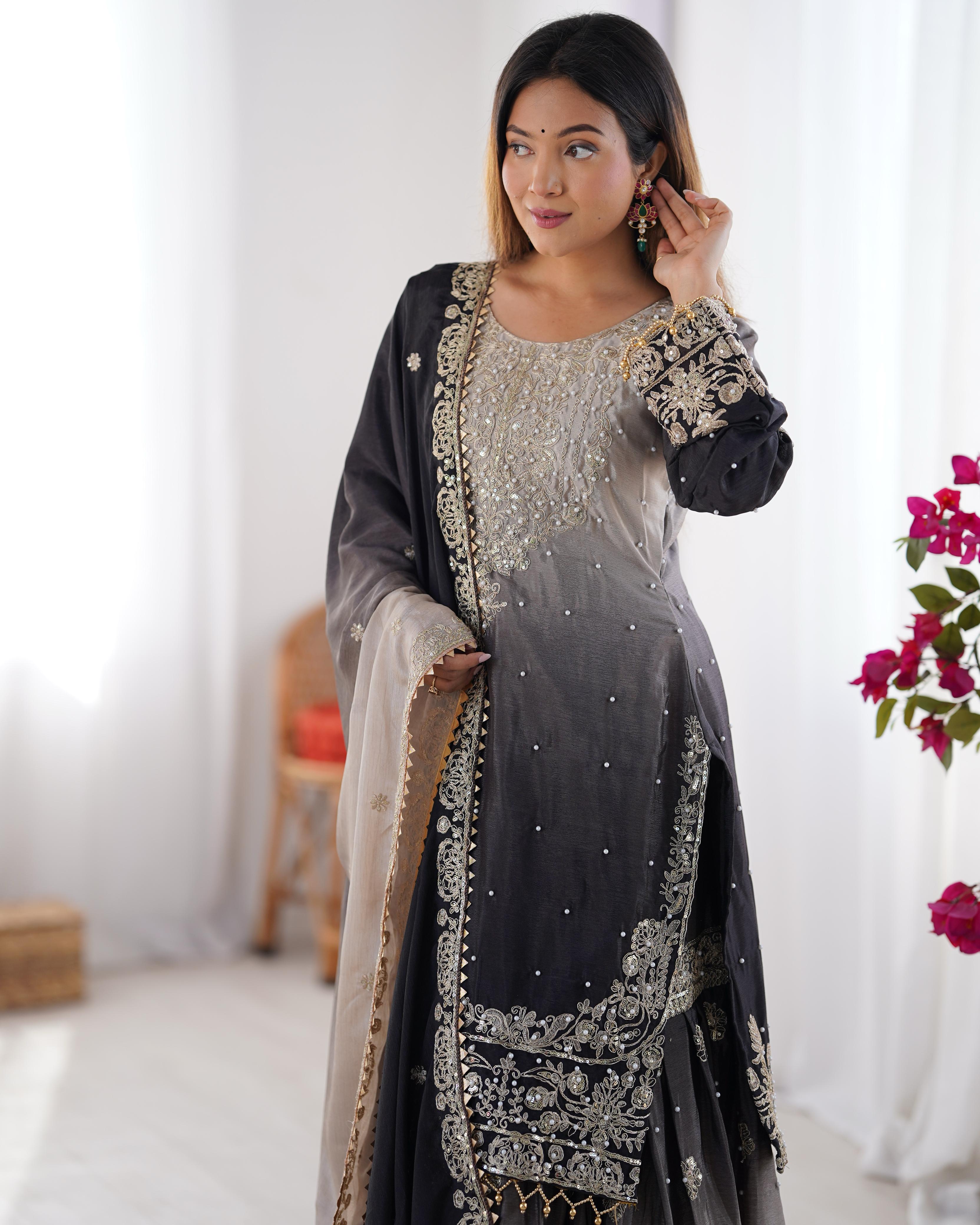Manvisha Black Embroidered Sharara Suit Set