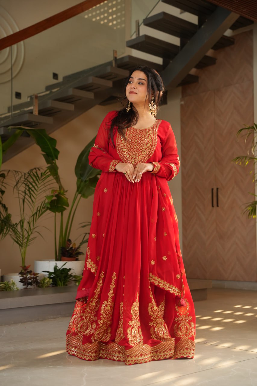 Red party wear gown with dupatta, Indian wedding dress, embroidered gown for women, full sleeve gown design—Trinaari stitched ethnic outfit.