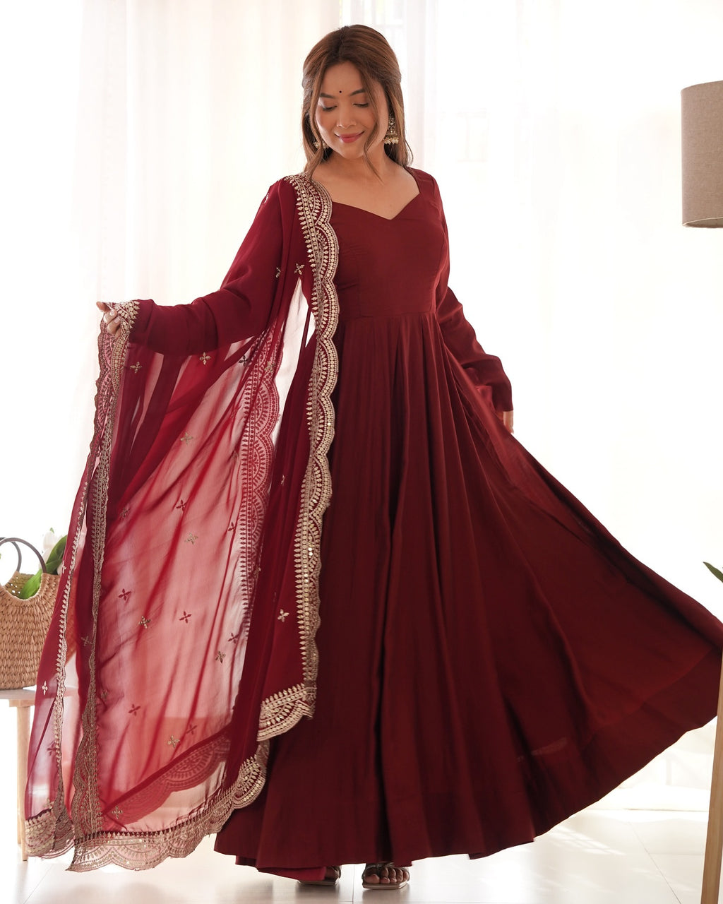 Prema brown Chanderi silk Anarkali suit set