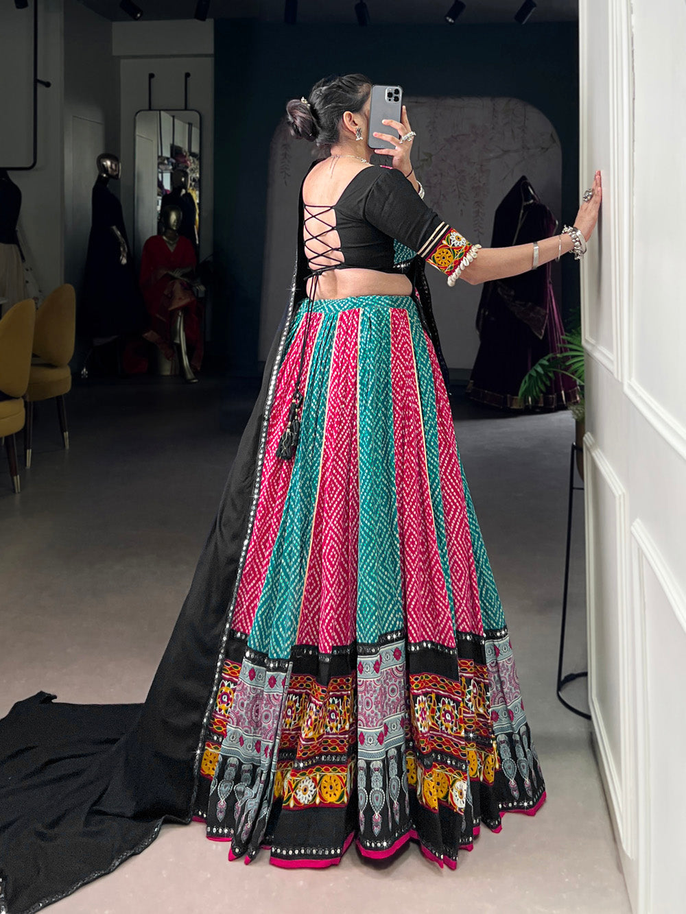 Black-Pink Pure Rayon Bandhej Ajrakh Gamthi Mirror Work Lehenga Choli