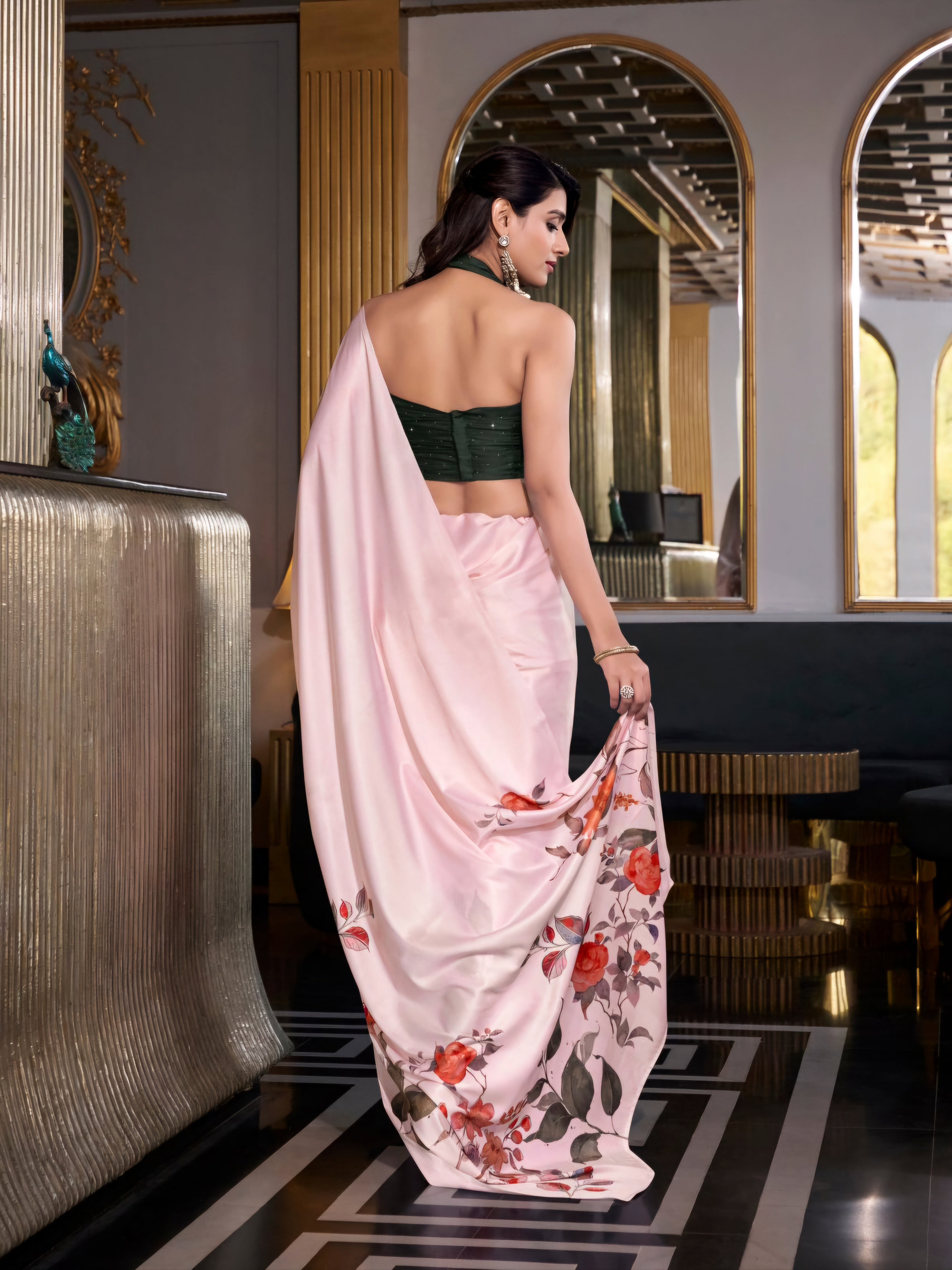 Off-White Satin Silk Printed Saree with Moonga Silk Blouse
