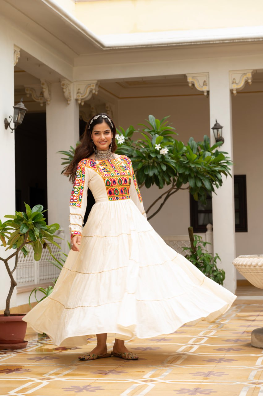 Off-White Kora Cotton Kutchi Gamthi Mirror Work and Kodi Lace Gown
