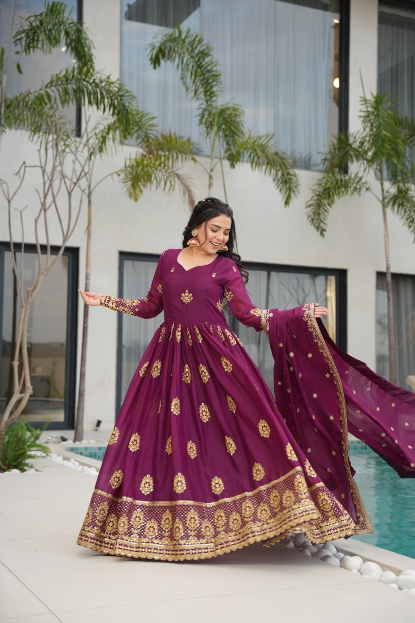 Rudrika Purple Embroidered Gown in soft Star Georgette with intricate zari and sequin work, full-length 56-inch flare gown with matching embroidered dupatta, elegant pan neck design, perfect for weddings and festive occasions