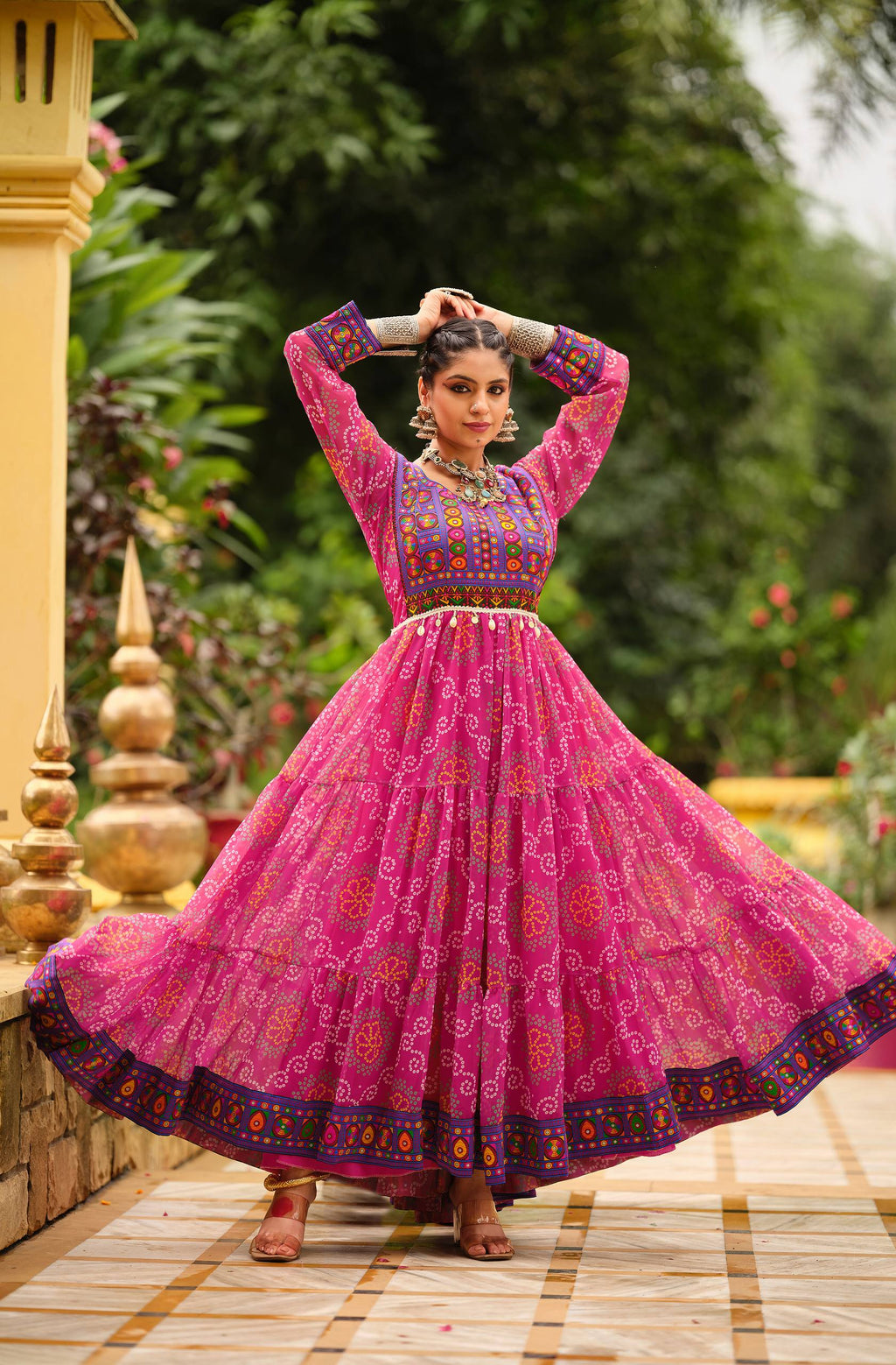 Pink Faux Georgette Gamthi Jacquard Weaving Lace Border Three Layer Ruffle Flair Gown