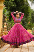 Pink Faux Georgette Gamthi Jacquard Weaving Lace Border Three Layer Ruffle Flair Gown