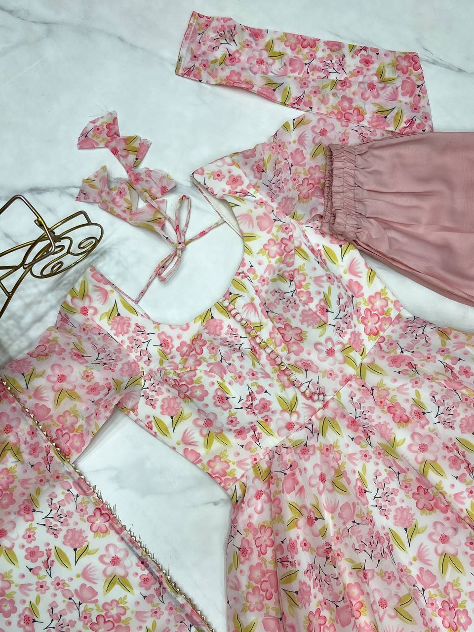 Pink Orange Chiffon Floral Print Anarkali Set with Dupatta