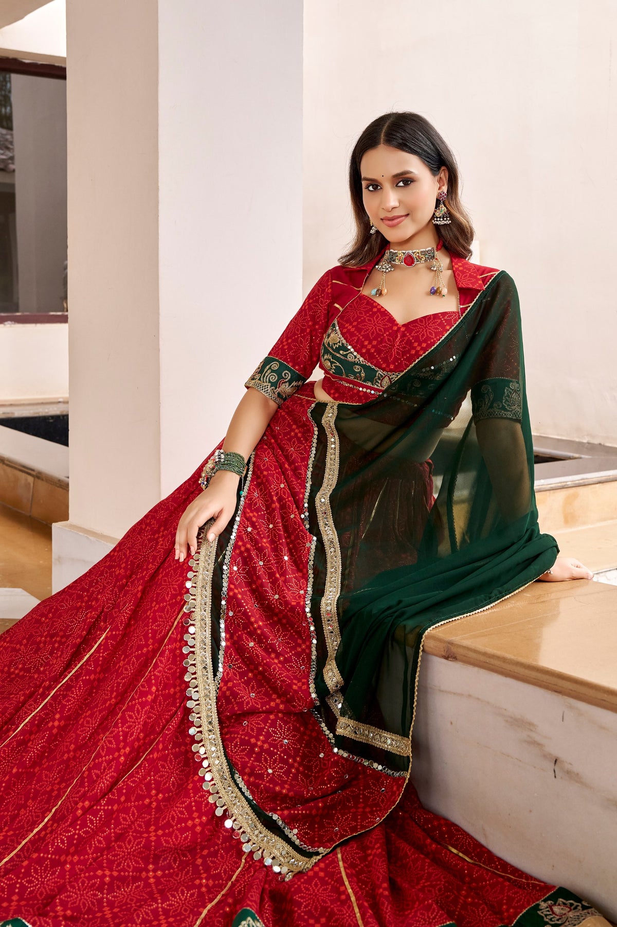Komal Red Georgette Bandhej Foil Print Lehenga Choli