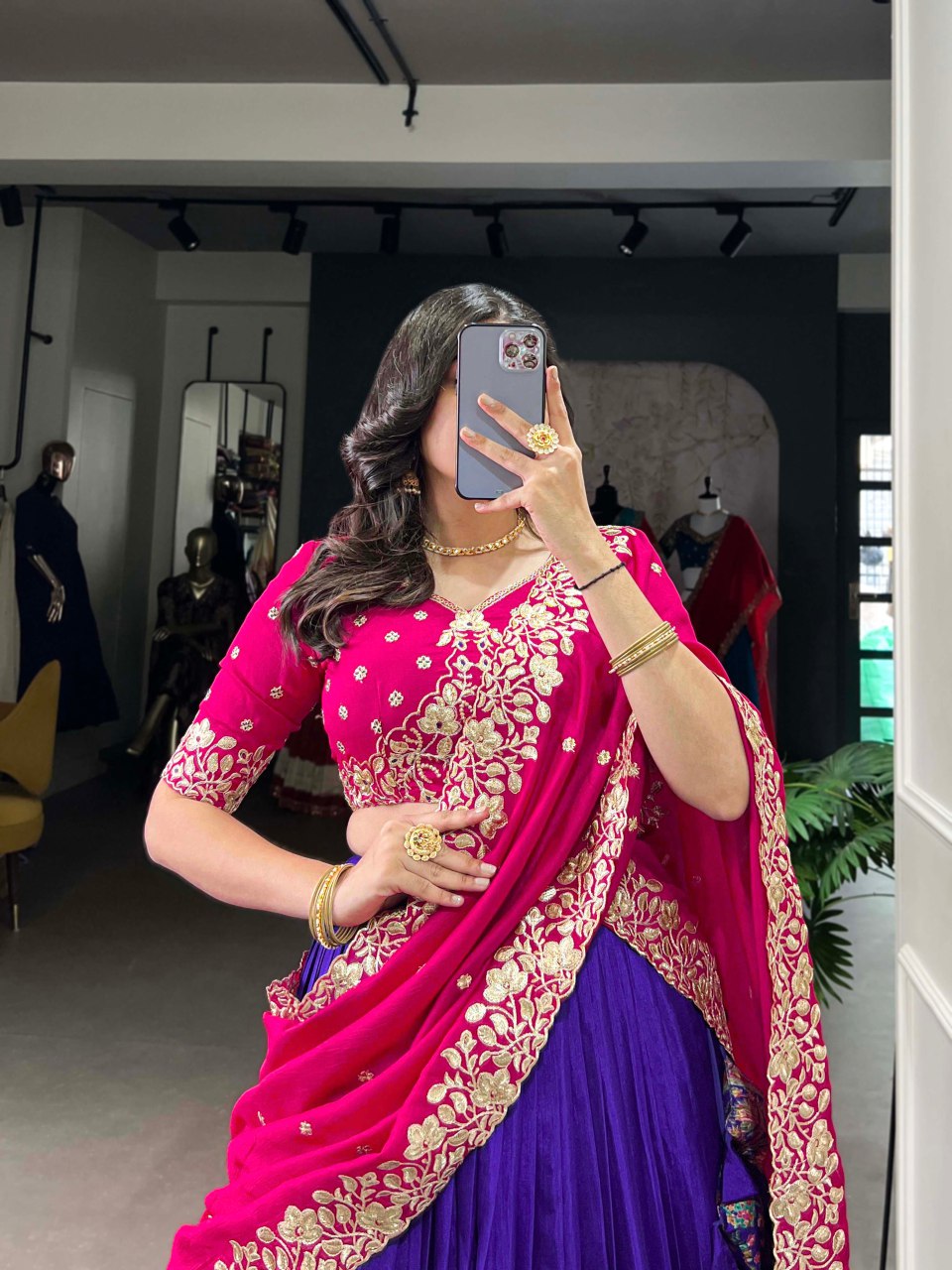 Purple Tussar silk lehenga with foil print and embroidered dupatta