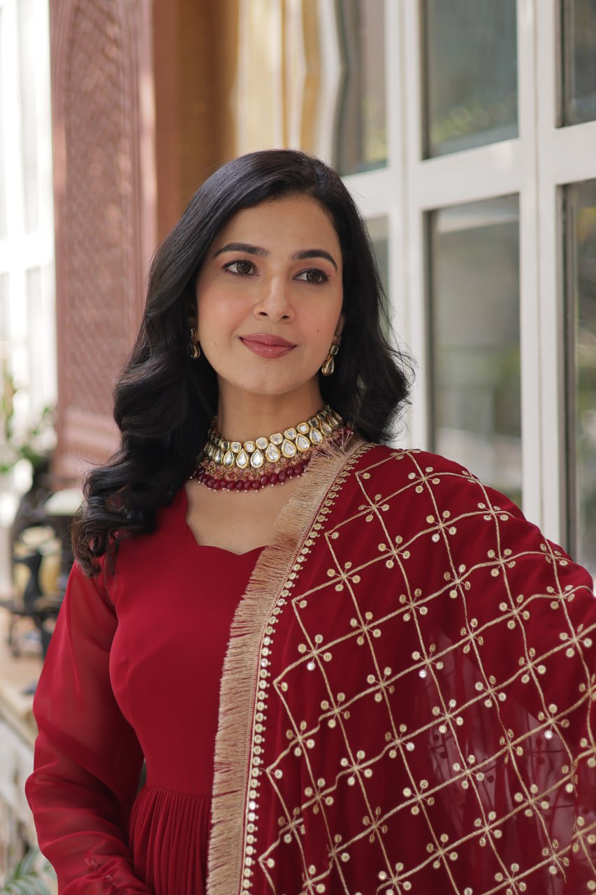 Avishka Maroon Embroidered Anarkali Gown Set