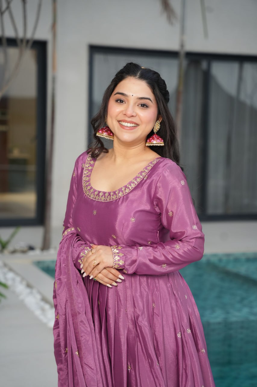 Harvisha mauve purple Chinon silk embroidered gown with full sleeves, floor-length 56-inch flair, rich sequin detailing, and matching embroidered dupatta – ideal Indian ethnic party gown for weddings, receptions, and festive occasions.