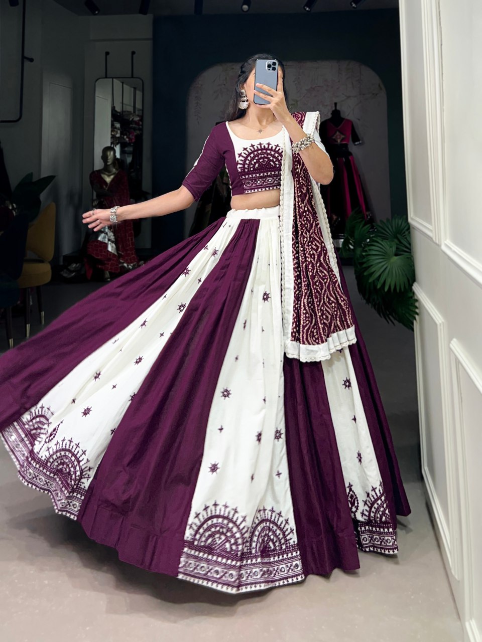 Wine Pure Cotton Mirror Gamthi Work Lehenga Choli with Bandhej Print Dupatta