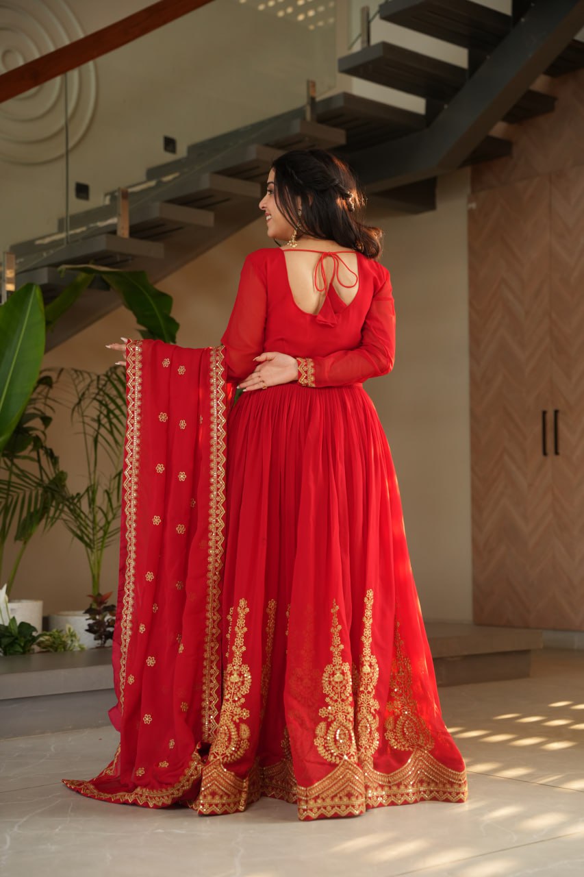 Red party wear gown with dupatta, Indian wedding dress, embroidered gown for women, full sleeve gown design—Trinaari stitched ethnic outfit.