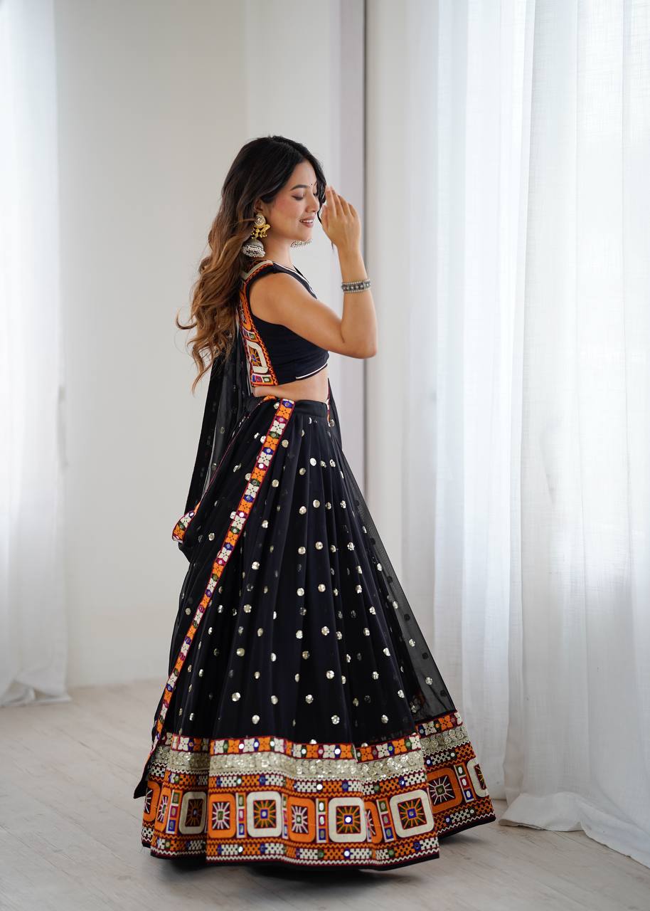 Black Georgette with Gamthi Thread Mirror Work Lehenga Choli with Dupatta