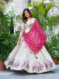 Amla Off-White Tissue Silk Sequins Thread Work Lehenga Choli with Pink Bandhej Dupatta
