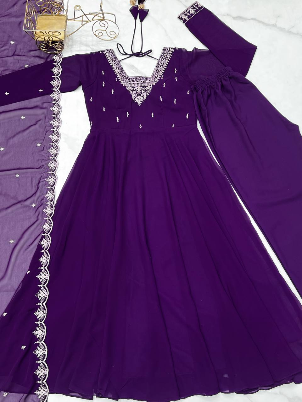 Purple Anarkali suit in soft Fox Georgette with 6.5-meter flair, zari & beads embroidery, lace sleeves & dupatta – stitched & ready-to-wear.