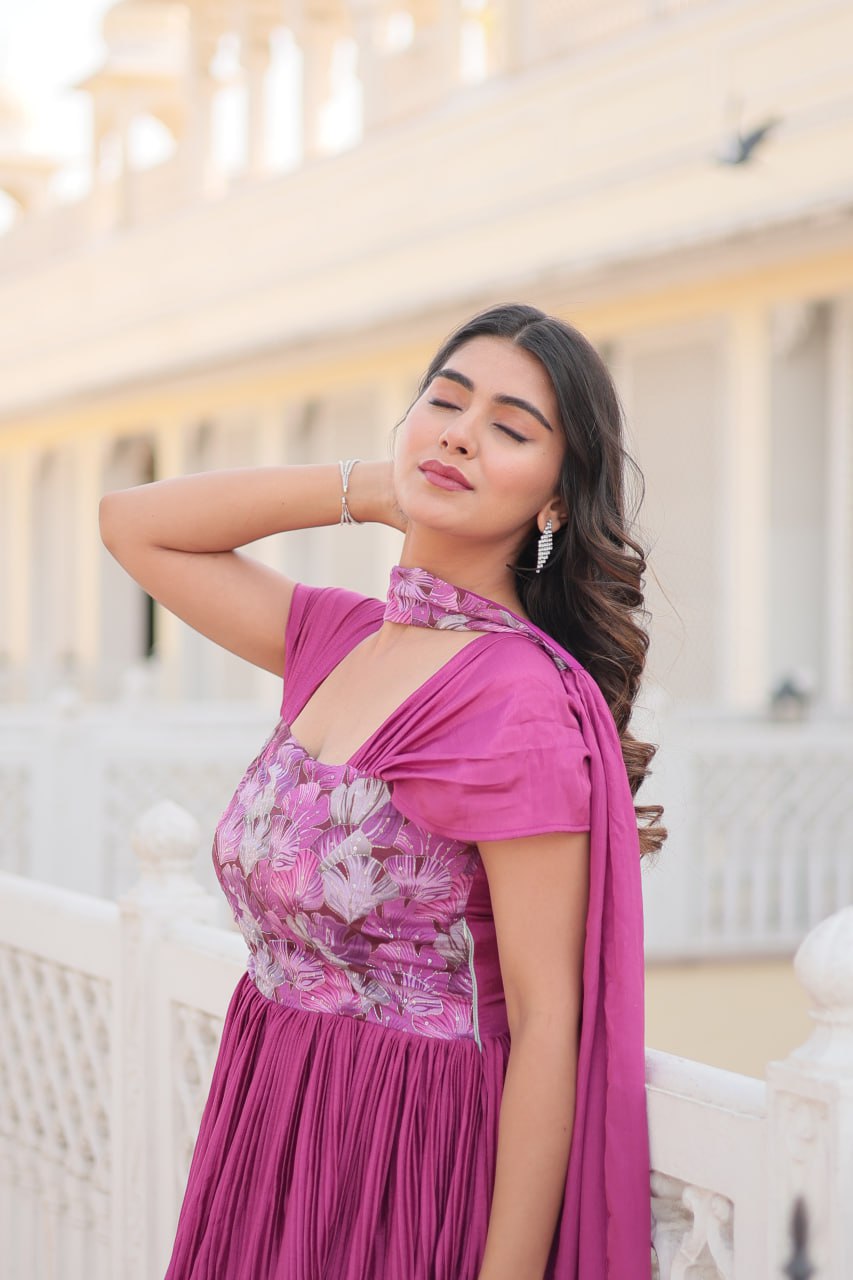 Shanta chinon pink printed anarkali gown set