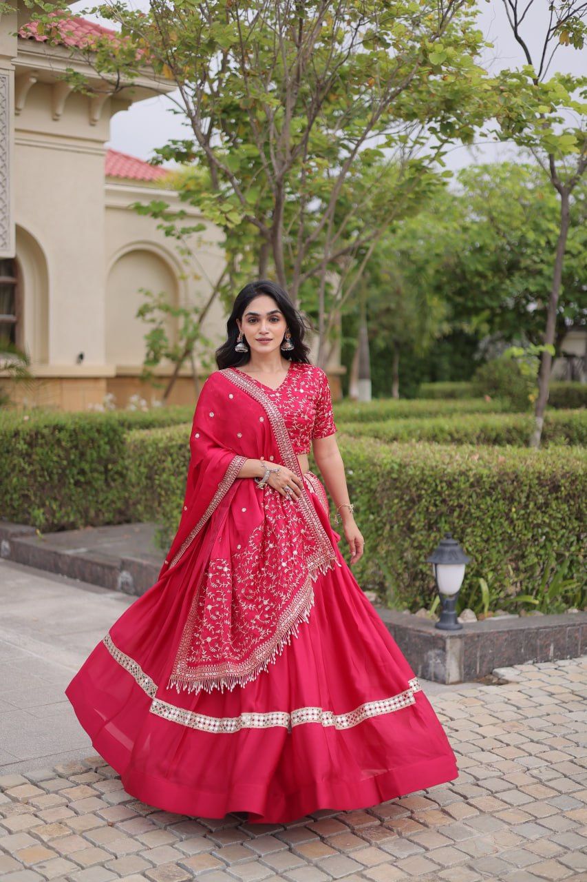 Subhadra Pink Glory Satin Embroidery Zari Sequins Lehenga
