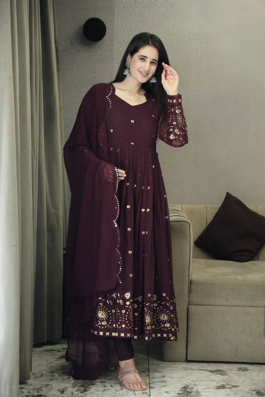 Yashika Brown Georgette Embroidery Anarkali Suit Set