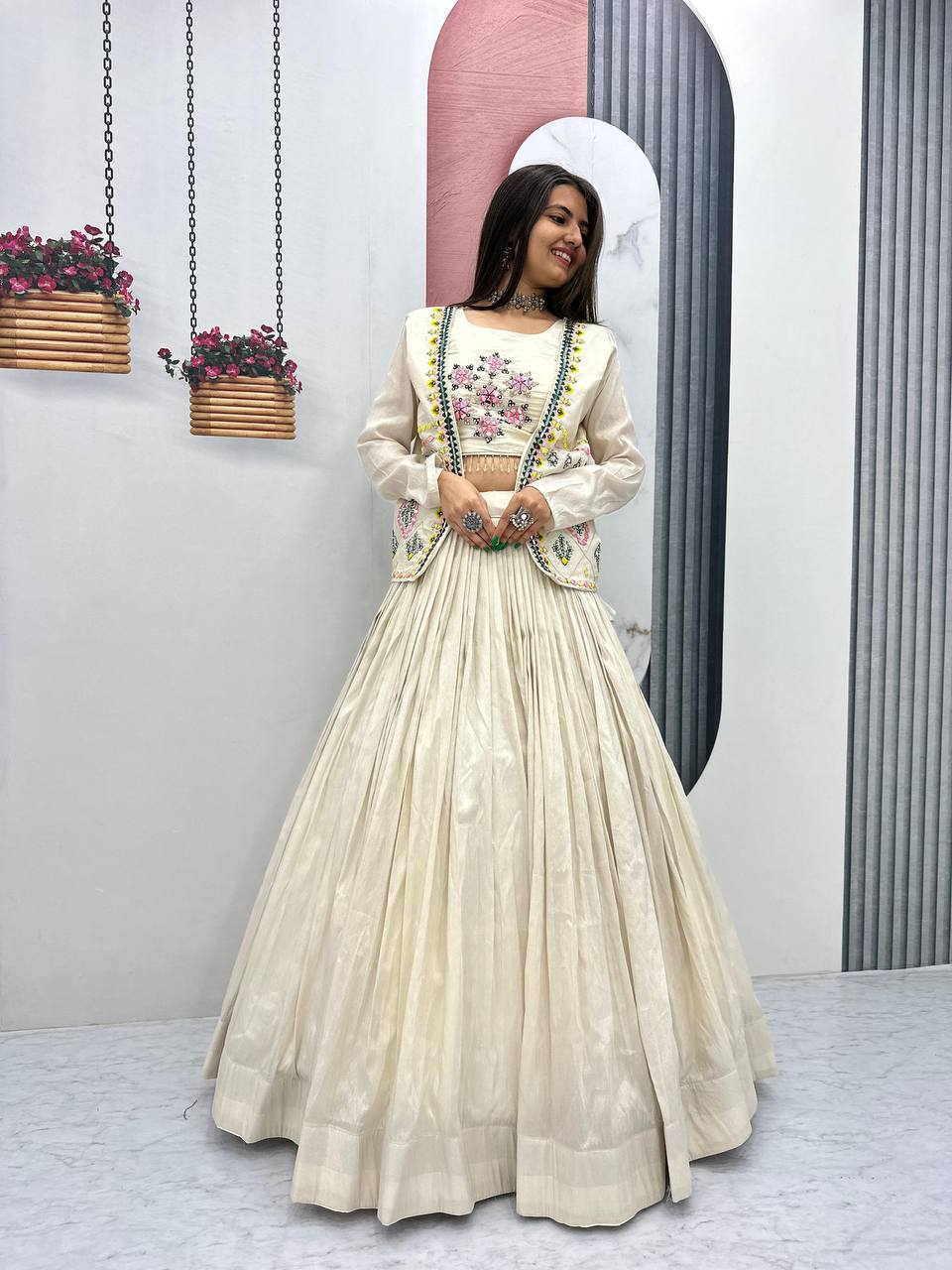 Off-White Tissue Shimmer Handwork Real Diamond Work Lehenga Choli with Jacket