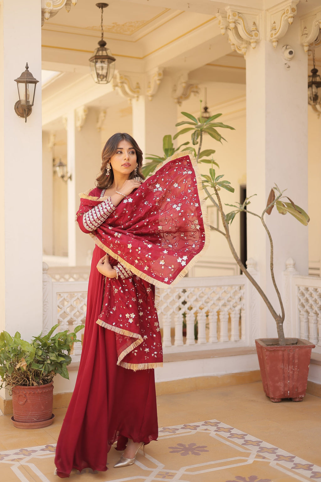 Aparajita Maroon Vichitra Silk Anarkali Gown Set