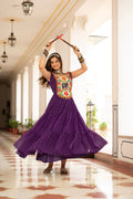 Purple Faux Georgette Bandhani Print Kutchi Patch Mirror Work Gown