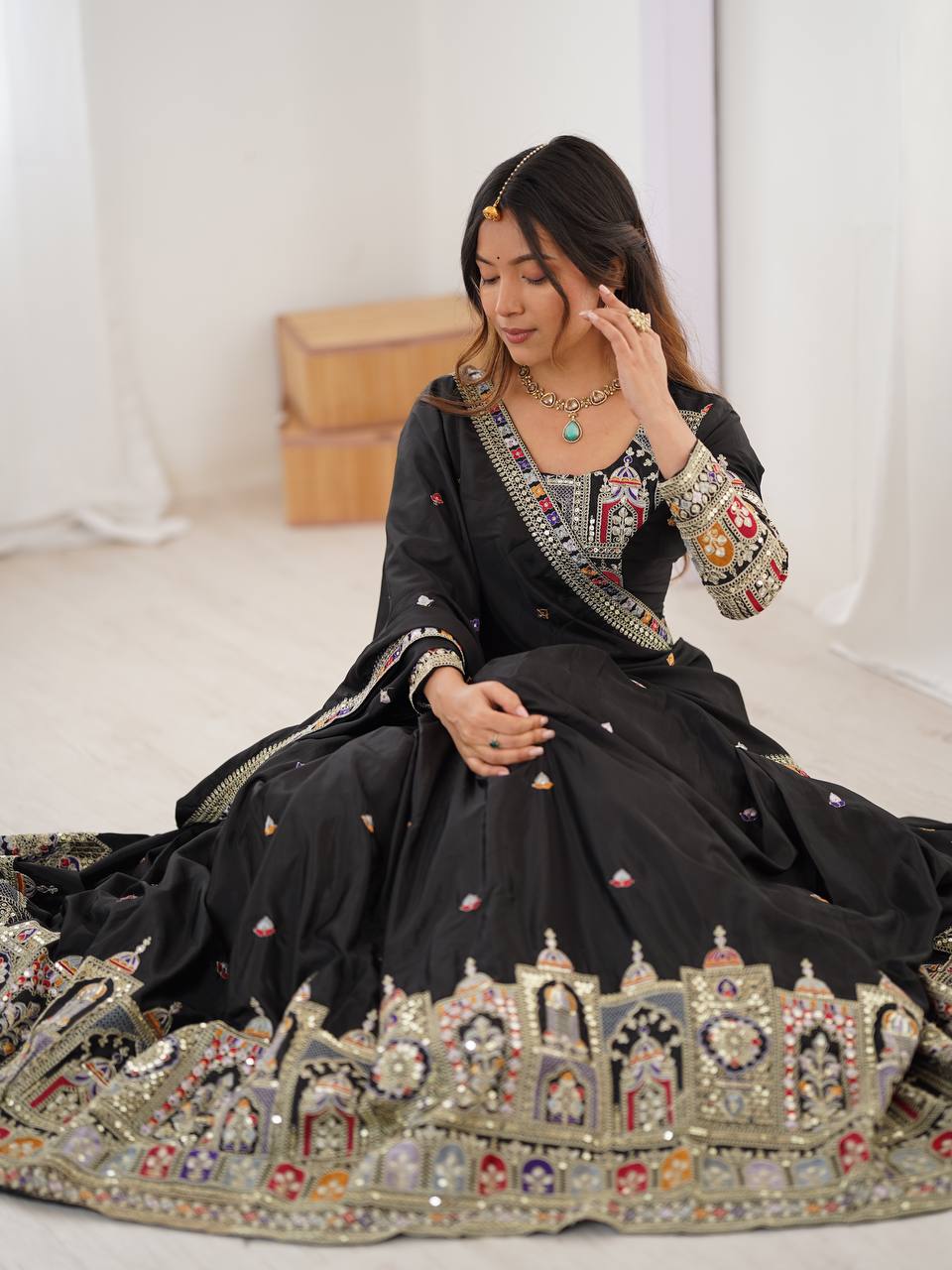Kavyani Black Natural Crepe Silk Lehenga Choli Set – semi-stitched lehenga with 3-meter flare, canvas patta, cancan, and heavy embroidery in coding dori, thread, and sequins; paired with embroidered dupatta and unstitched matching choli – perfect for weddings, receptions, Diwali, and festive occasions.