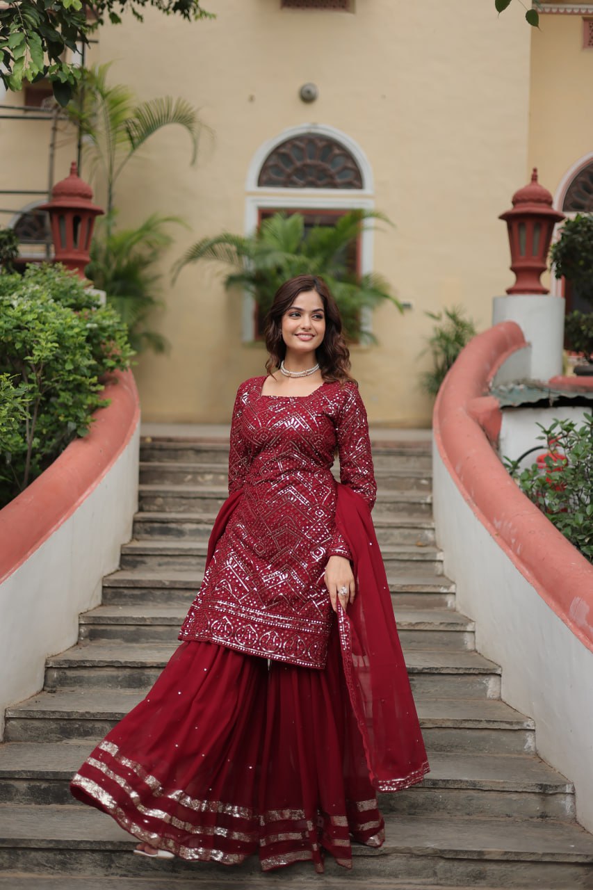 Lavya Maroon Georgette Embroidered Kurti Sharara Set