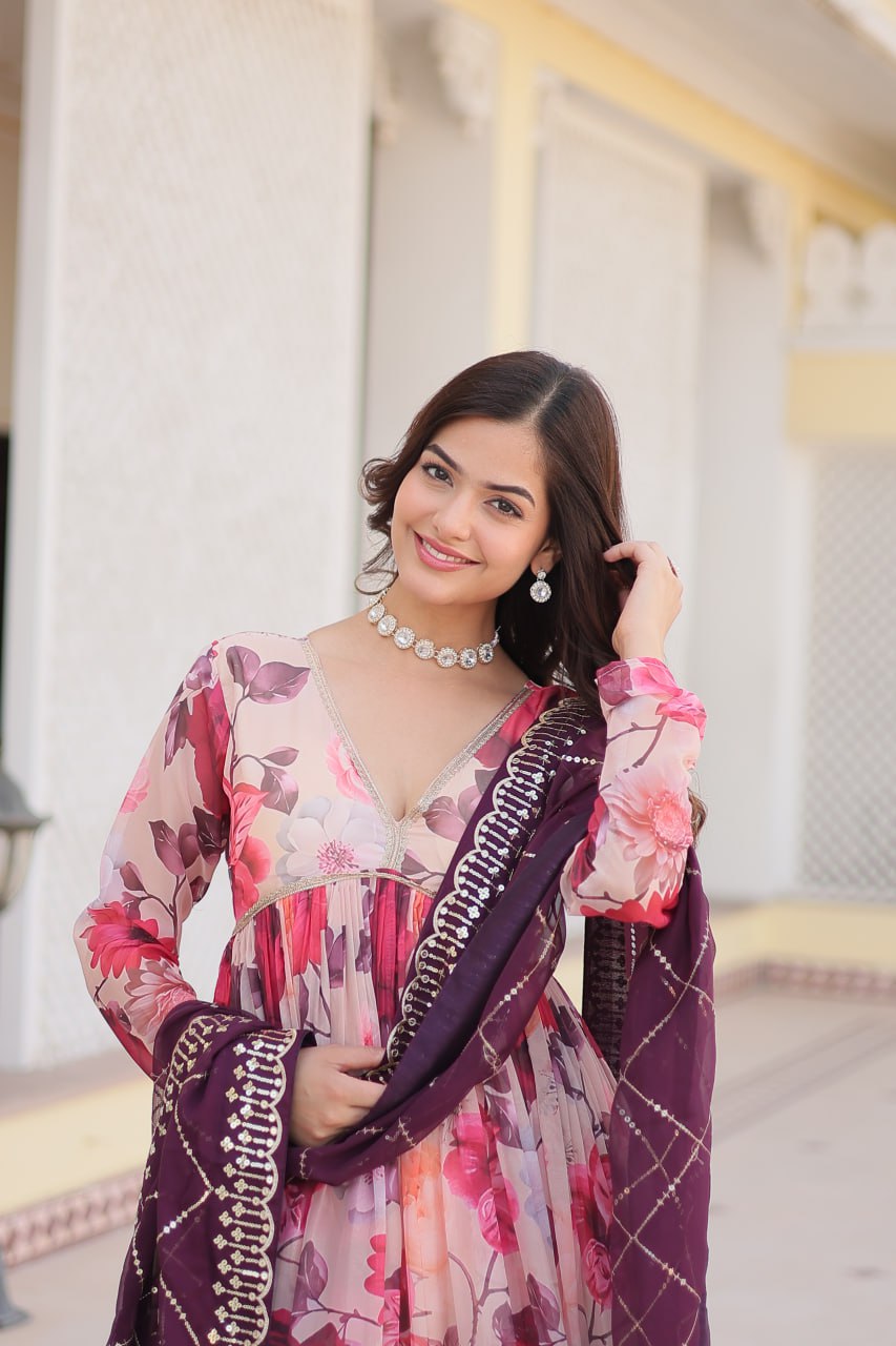 Savitri russian silk printed alia cut pink anarkali suit set