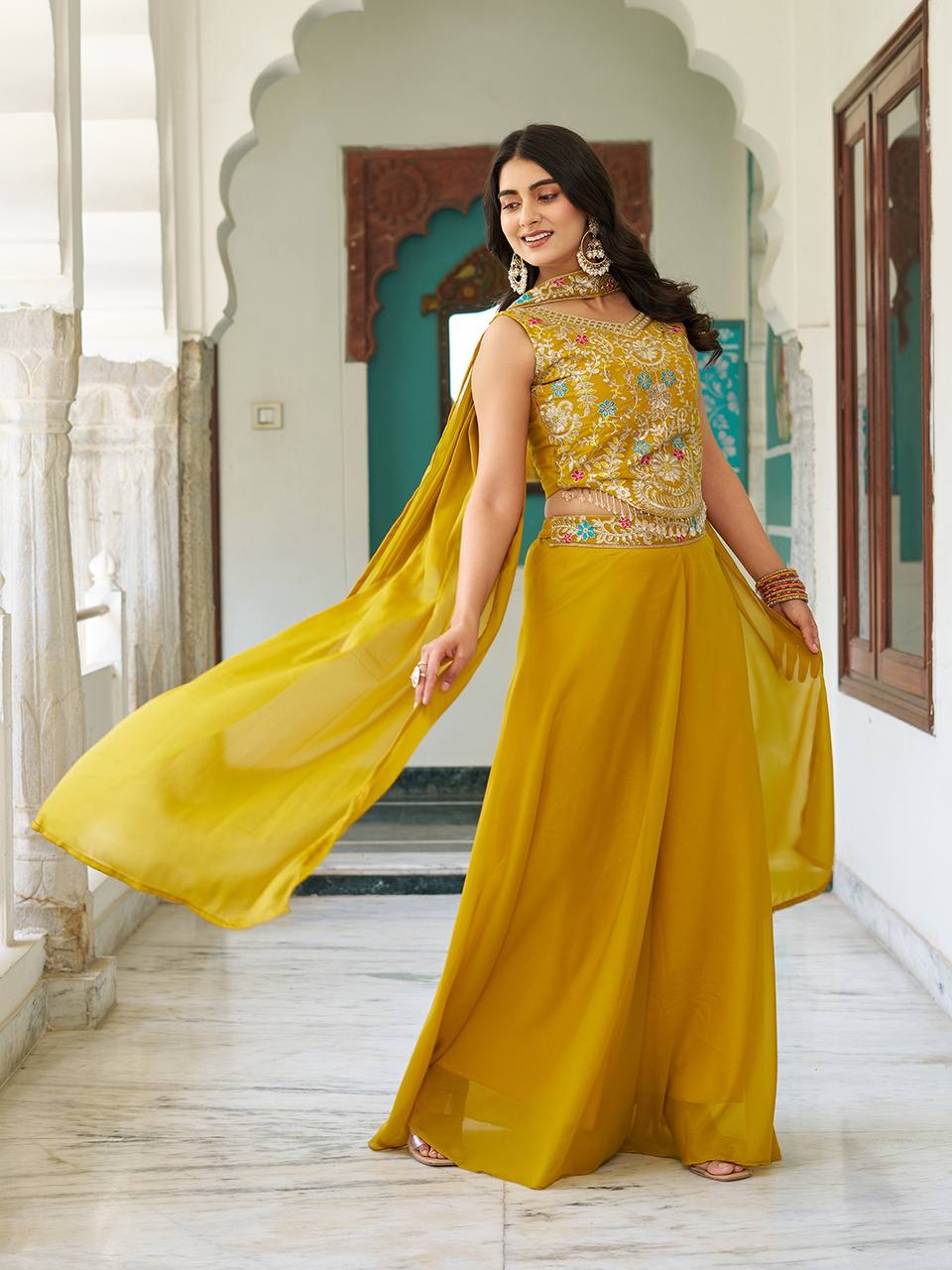 Stuti Mustard Yellow Star Georgette Sequins Thread Embroidery Work Top Palazzo Set