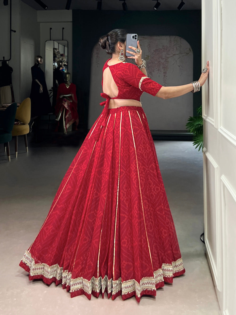 Red Chiffon Bandhej Print Gota Patti Lace Work Lehenga Choli