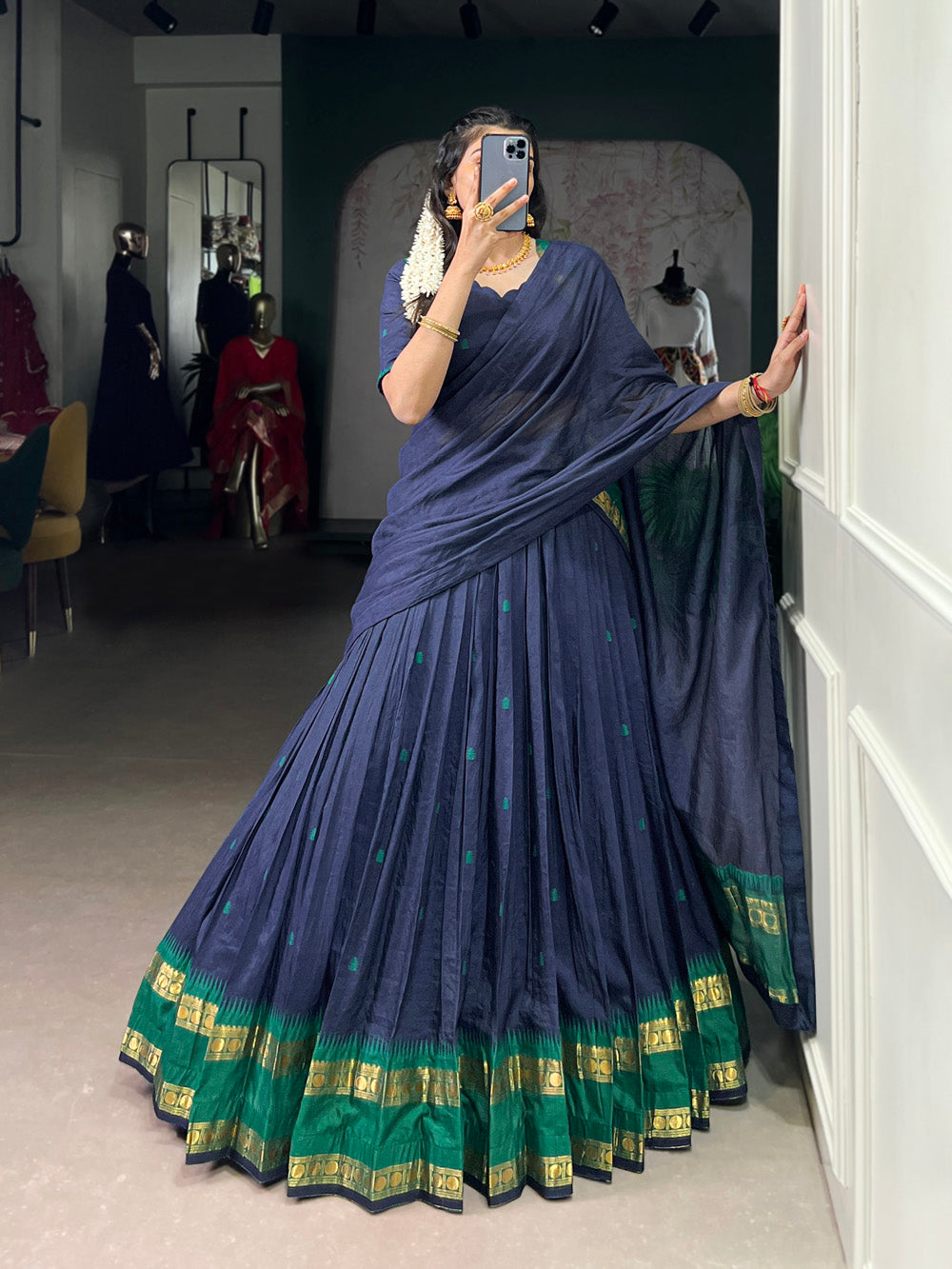 Navy Blue Chanderi Zari Weaving Work Half-Saree Lehenga