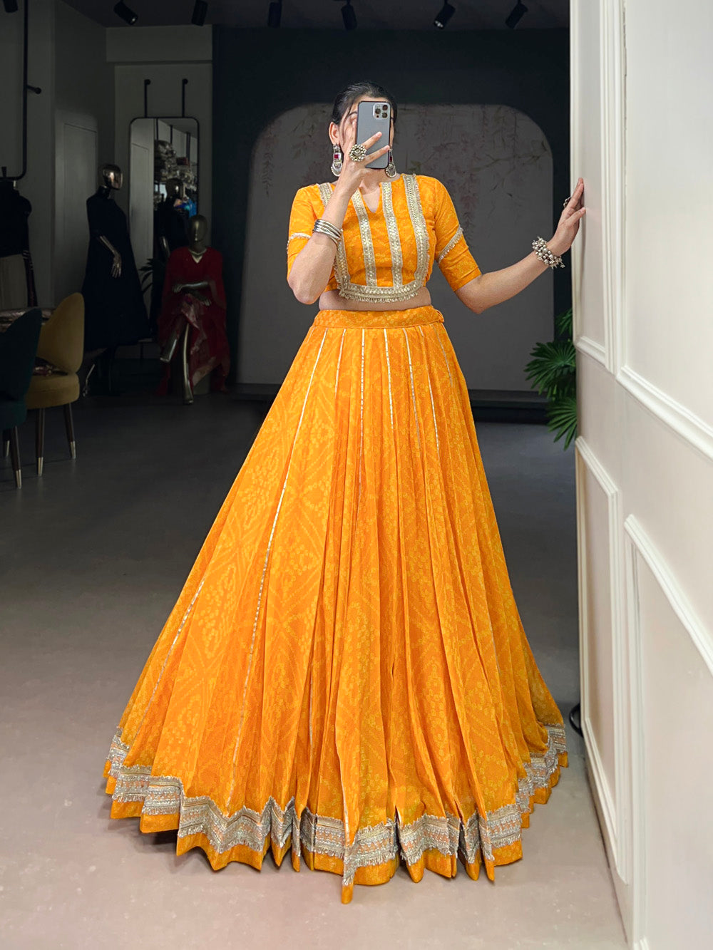 Yellow Chiffon Bandhej Print Gota Patti Lace Work Lehenga Choli