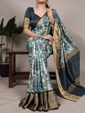 Teal Blue Color Tasar Silk Printed Saree with Viscose Border and Blouse