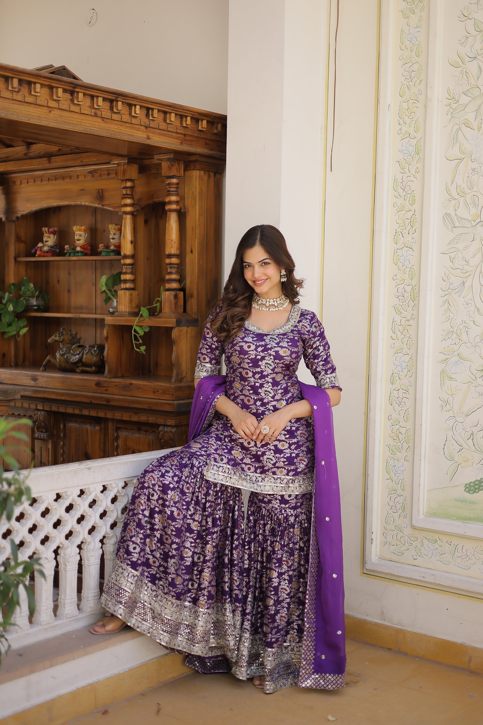 Krishnapriya Wine Viscose Embroidered Kurti Gharara Set