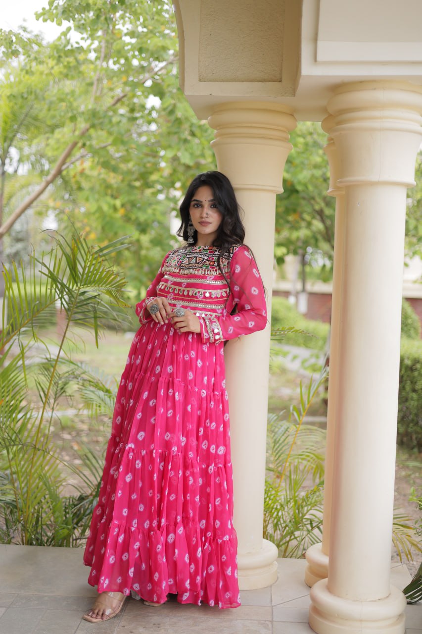 Lavanya Pink Faux Georgette Bandhani Kutchi Patchwork Gown