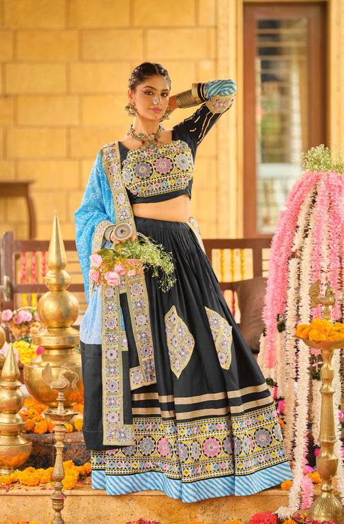 Black pure rayon embroidery mirror work lehenga choli