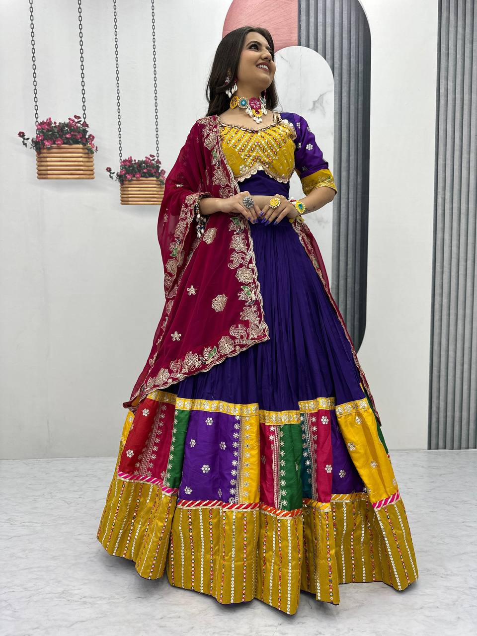 Purple Pure Cotton Embroidered Sequins Work Lehenga Choli with Dupatta
