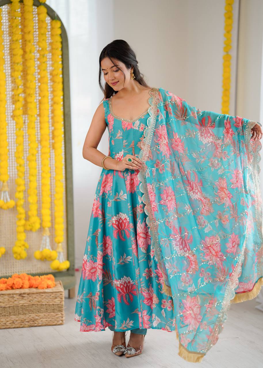 Sky Blue Pure Muslin Floral Print Anarkali Suit Set with Organza Dupatta