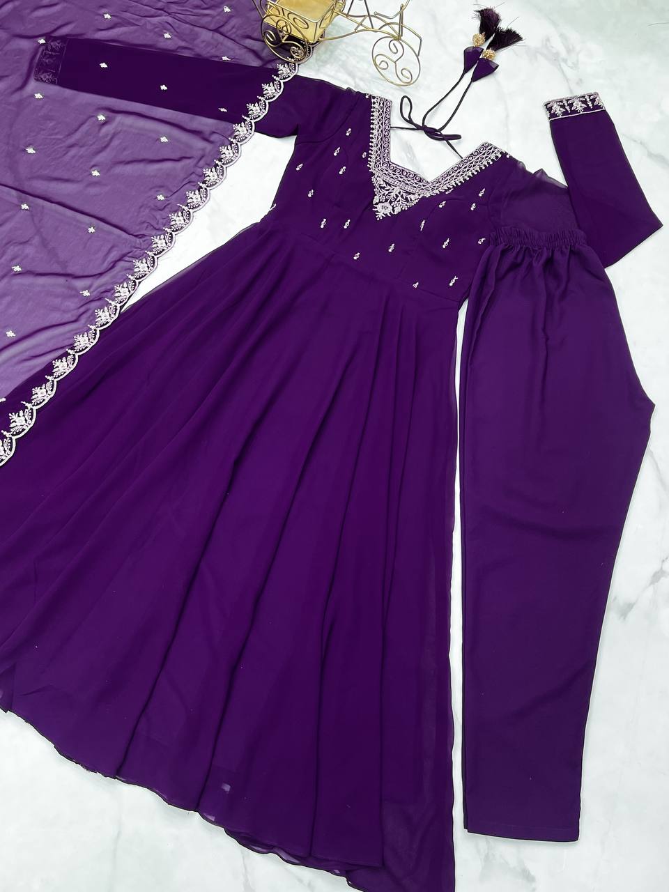 Purple Anarkali suit in soft Fox Georgette with 6.5-meter flair, zari & beads embroidery, lace sleeves & dupatta – stitched & ready-to-wear.