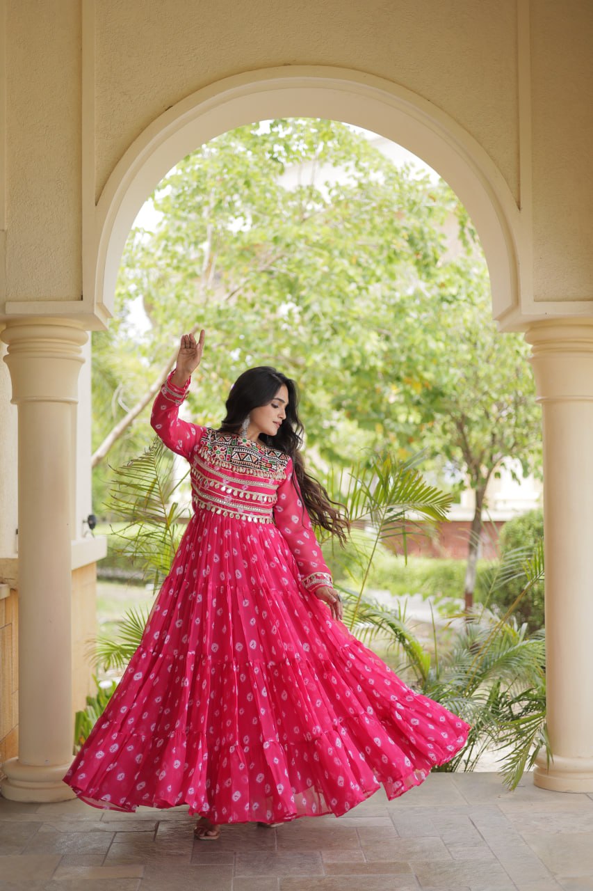 Lavanya Pink Faux Georgette Bandhani Kutchi Patchwork Gown