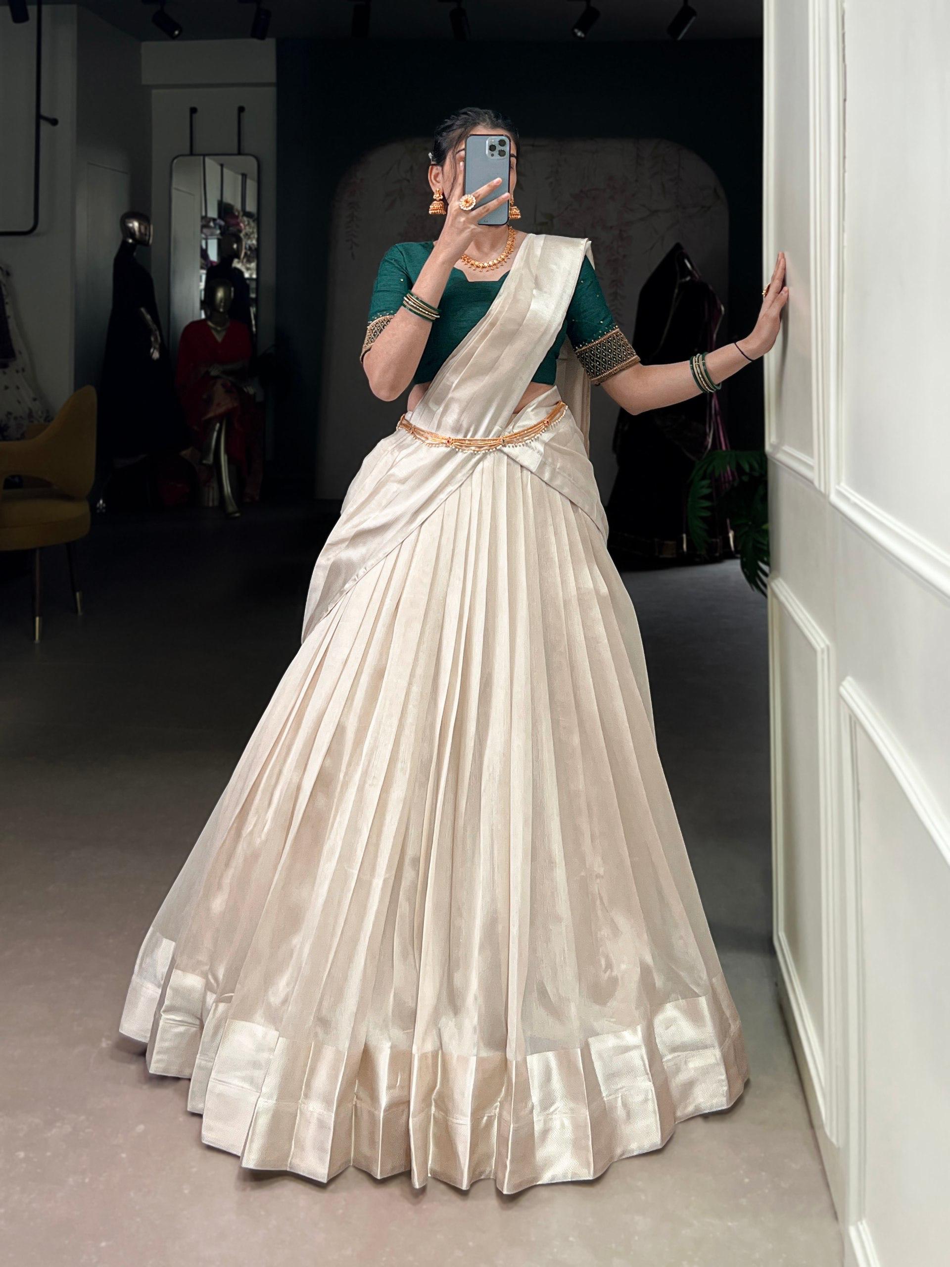 Off White Poly Tasar Viscose Border and Bead Work Traditional Lehenga Choli