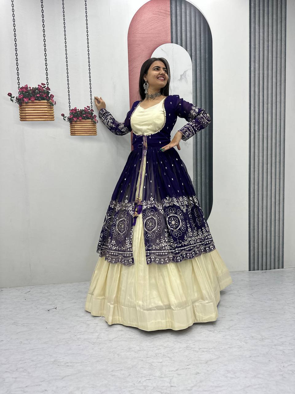 Tulika Navy Blue Color Cosmos Silk Heavy Thread and Sequence Work Lehenga Choli with Shrug