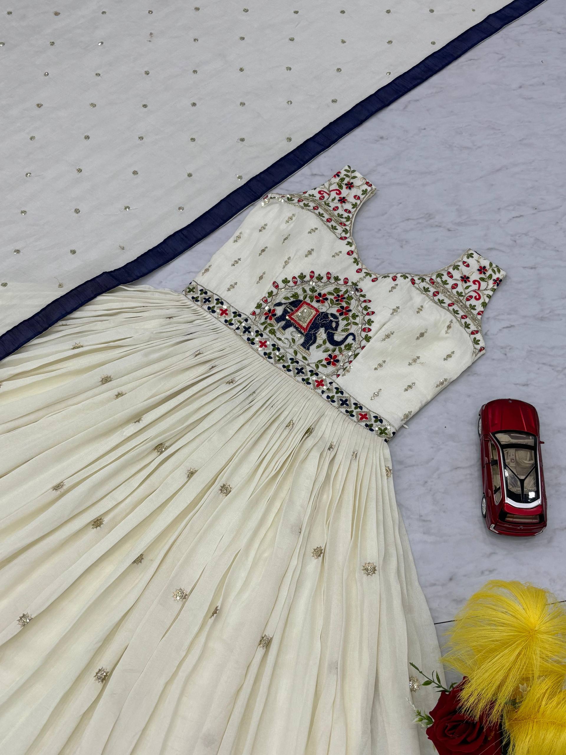 Off-White Chinon Embroidered Designer Gown with Dupatta