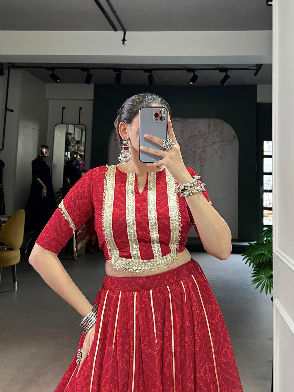 Red Chiffon Bandhej Print Gota Patti Lace Work Lehenga Choli