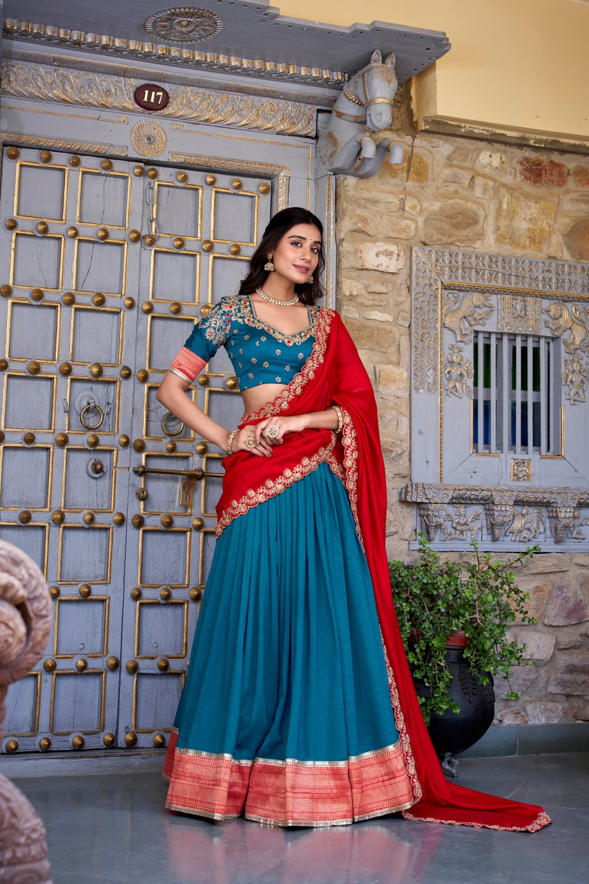 Teal Blue Vichitra Silk Zari Weaving Work Lehenga Choli with Dupatta