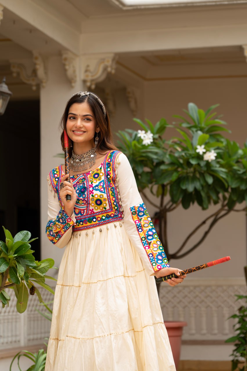 Off-White Kora Cotton Kutchi Gamthi Mirror Work and Kodi Lace Gown